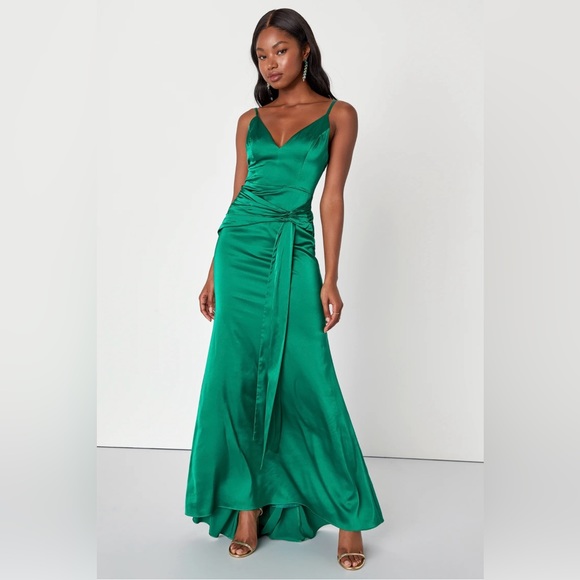 Lulus Dresses & Skirts - 👗Lulu’s - Majestic Essence Green Satin Pleated Tie-Front Maxi Dress, size S